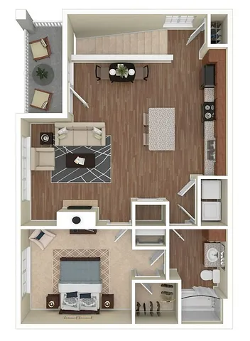 Inviting 3D floor plan showcasing a spacious open-concept living room, modern kitchen with island, cozy dining area, elegant bedroom, and stylish balcony. Ideal for contemporary living.