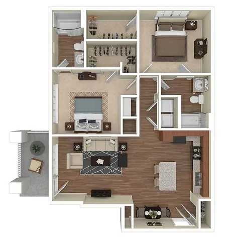 Charming floor plan showcasing spacious 2-bedroom layout with modern kitchen, elegant living room, and private balcony for relaxation.