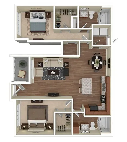 Modern floor plan showcasing two spacious bedrooms, a stylish open-concept living and dining area, and a sleek kitchen with an island, complemented by elegant wood flooring.