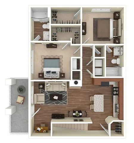 Elegant 3D floor plan displaying a spacious two-bedroom apartment with a modern open-concept living area, gourmet kitchen, and private balcony, ideal for stylish urban living.