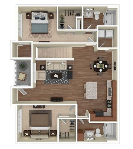 Elegant 2D floor plan showcasing 2 bedrooms, a cozy living room, modern kitchen with island, and stylish dining area. Includes spacious walk-in closets and two bathrooms, ideal for contemporary living.