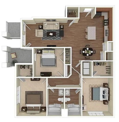 Elegant floor plan showcasing 3 bedrooms, a spacious living room, modern kitchen, and dual bathrooms with balcony access.