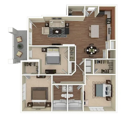 Elegant 3D floor plan showcasing modern open-concept living. Features include a spacious living room, a gourmet kitchen with an island, three cozy bedrooms, two luxurious bathrooms, and a private balcony.