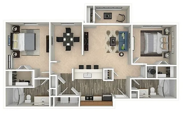 Modern 3D floor plan showcasing 2 bedrooms, spacious living room, sleek kitchen, and elegant dining area with contemporary design.