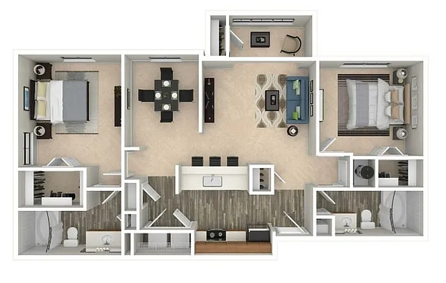 Modern and spacious floor plan showcasing 2 bedrooms, elegant dining area, cozy living room, and a sleek kitchen with breakfast bar.