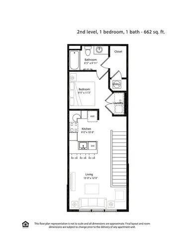 Elegant second-floor floor plan with 1 bedroom and 1 bath, spanning 662 sq ft, featuring a cozy kitchen and inviting living area.