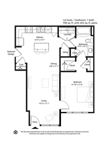 Contemporary floor plan featuring 1 bedroom and 1 bath, spacious living area, and a modern kitchen, covering 798 sq. ft. with an additional 243 sq. ft. patio, optional garage available.