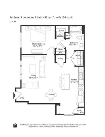Elegant 1st level floor plan with 1 bedroom, 1 bath, and spacious living area, encompassing 831 sq. ft. plus a 154 sq. ft. patio, featuring a cozy dining space and modern kitchen.