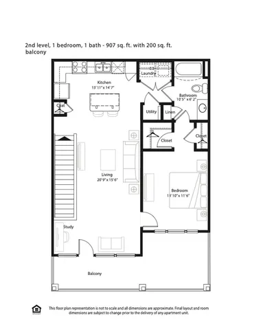 Elegant 2D floor plan showcasing 1 bedroom, a spacious living area, and a modern kitchen on the 2nd level, totaling 907 sq ft with an additional 200 sq ft balcony for outdoor enjoyment.