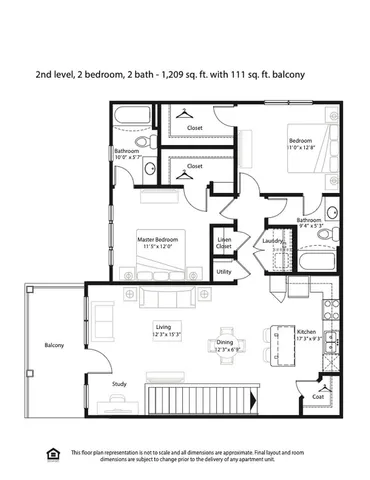 Modern 2nd level floor plan with 2 bedrooms, 2 bathrooms, spacious living room, kitchen, dining area, and balcony, totaling 1,209 sq. ft.