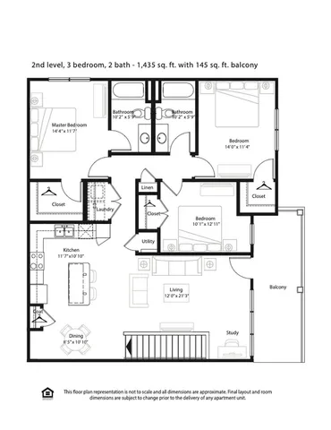 Elegant floor plan of a 2nd level apartment featuring 3 bedrooms, 2 bathrooms, expansive living area, and a modern kitchen. Includes a 145 sq. ft. balcony, utility space, and laundry area, totaling 1,435 sq. ft.