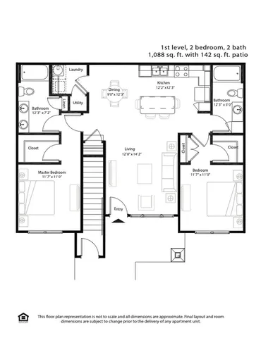 Charming 1st level floor plan featuring 2 bedrooms, 2 bathrooms, a spacious living area, and a modern kitchen, complete with a 142 sq. ft. patio, totaling 1,088 sq. ft.