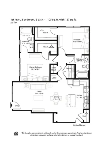 Modern 1st level floor plan featuring 2 bedrooms and 2 baths in a spacious 1,105 sq. ft area, with an additional 127 sq. ft patio, showcasing a comfortable living room, dining space, and a fully equipped kitchen.