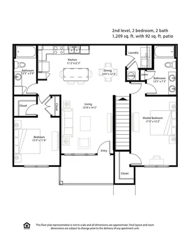 Elegant 2nd level floor plan with 2 bedrooms, 2 baths, featuring a spacious 1209 sq. ft. layout and a 92 sq. ft. patio, ideal for modern living.