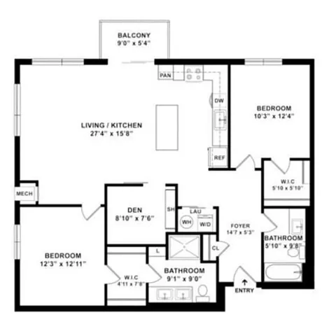 Modern floor plan showcasing two bedrooms, a spacious living and kitchen area, cozy den, two bathrooms, and a charming balcony.