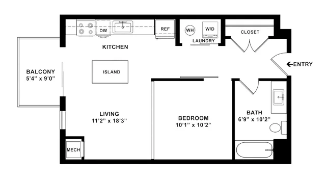 Modern floor plan layout featuring a single bedroom, open kitchen with island, cozy living area, and private patio.