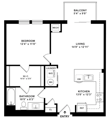 Modern 1 bedroom, 1 bathroom floor plan with open-concept living area and a sleek kitchen, 730 sq ft.