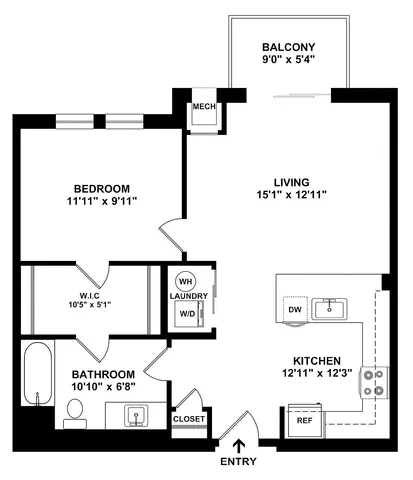 Modern 754 sq ft floor plan with 1 bedroom, open-concept living room, stylish kitchen island, and cozy bathroom.