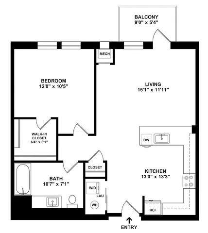 Contemporary 1-bedroom floor plan featuring an open-concept living area with modern kitchen, luxurious bathroom, and convenient laundry space, spanning 764 sq ft.