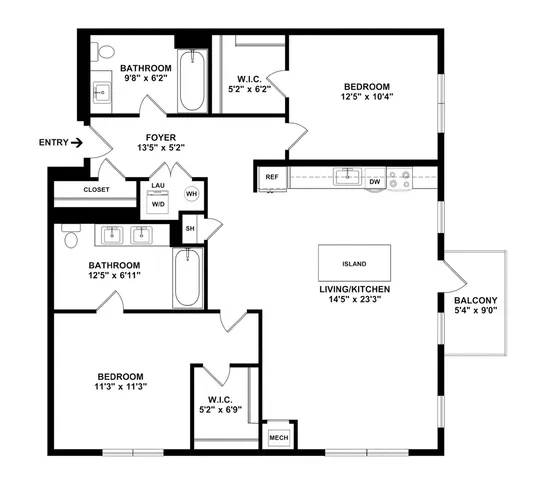 Modern floor plan featuring 2 spacious bedrooms, 2 elegant bathrooms, open kitchen with island, and inviting living area, covering 1,134 sq ft.