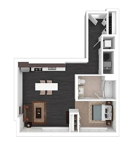 Modern floor plan showcasing an open-concept kitchen and dining area, a cozy living room, spacious bedroom, and a well-appointed bathroom.
