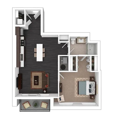 Contemporary floor plan showcasing a spacious apartment with one bedroom, modern kitchen, cozy living area, and private balcony.