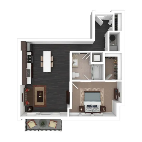 Elegant 1-bedroom apartment floor plan with open living area, modern kitchen, and private balcony.