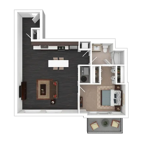 Elegant floor plan showcasing a spacious one-bedroom apartment with an open-concept living room, sleek kitchen with island, modern bathroom, and a cozy balcony.