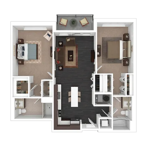 Contemporary 2D floor plan showcasing two spacious bedrooms, open-concept living and dining area, modern kitchen with island, and a cozy balcony.