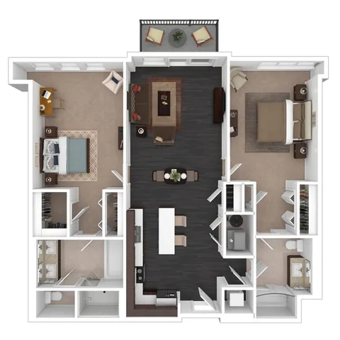 Chic apartment floor plan featuring 2 spacious bedrooms, an open-concept living and dining area, a modern kitchen with an island, and a relaxing balcony.
