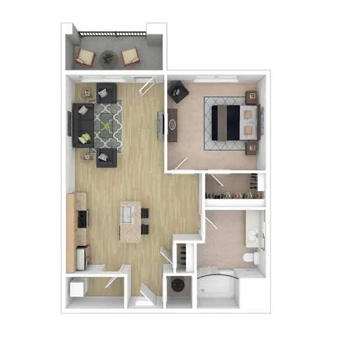 Modern single-bedroom apartment floor plan featuring an open-concept living area, stylish kitchen, and private balcony.