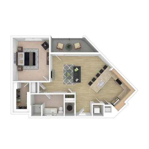Modern floor plan showcasing a spacious 1-bedroom apartment with an open-concept living area, sleek kitchen with island, and cozy balcony.