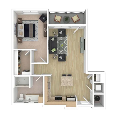 Modern apartment floor plan featuring 1 spacious bedroom, open-concept living and dining area, sleek kitchen with island, stylish bathroom, and private balcony.