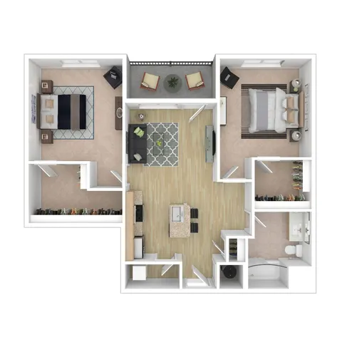 Contemporary floor plan showcasing two bedrooms, open living space, modern kitchen, and private balcony.
