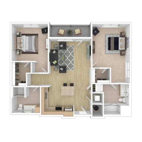 Contemporary 2D floor plan of an apartment showcasing 2 spacious bedrooms, open-concept living and dining area, modern kitchen with island, and private balcony.