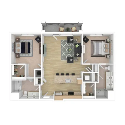 Modern apartment floor plan featuring 2 spacious bedrooms, open-concept kitchen with island, inviting living room, and two stylish bathrooms.