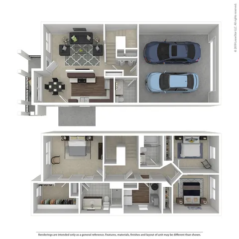 Modern 3D floor plan featuring two bedrooms, an inviting living area, sleek kitchen, and a spacious two-car garage.