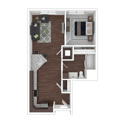 Contemporary 2D floor plan showcasing an open-concept living area, sleek kitchen, cozy bedroom, and modern bathroom design.