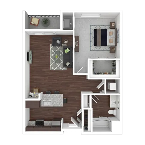 Modern apartment floor plan featuring an open-concept living area, one bedroom, a chic kitchen with island, and a spacious balcony.