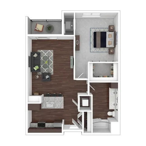 Modern 2D floor plan showcasing 1 bedroom, open-concept living and dining area, elegant kitchen, spacious bathroom, and cozy balcony.