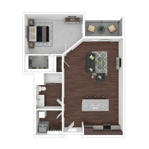 Modern 2D floor plan illustrating a spacious 1-bedroom apartment with an open-concept living area, elegant kitchen island, and private balcony.