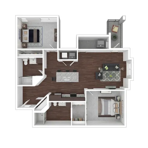 Modern 2D floor plan featuring 2 spacious bedrooms, elegant open-concept living and dining area, sleek kitchen with island seating, and private balcony.