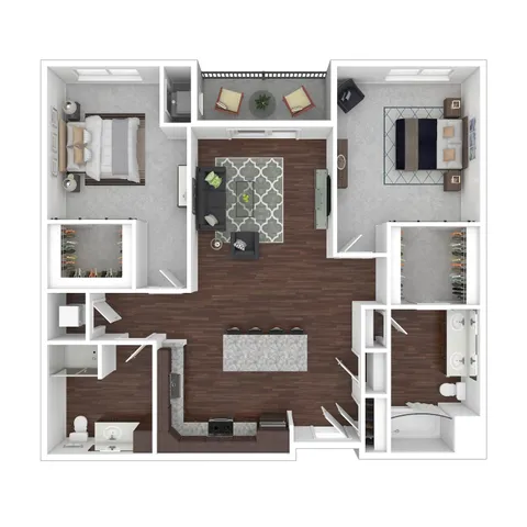 Elegant 2D floor plan with 2 bedrooms, stylish open-concept living and dining area, modern kitchen, and a cozy balcony.
