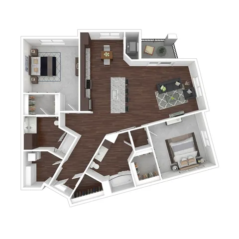 Elegant 3D floor plan showcasing two bedrooms, a modern open kitchen with an island, spacious living area, two bathrooms, and a cozy balcony.