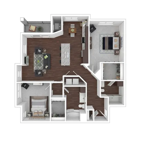 Elegant floor plan showcasing 3 bedrooms, open-concept living and dining area, modern kitchen, and private balcony space with stylish interiors.
