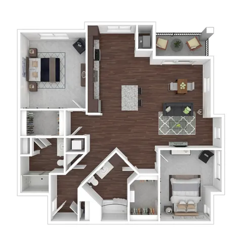 Modern 2D floor plan showcasing 2 spacious bedrooms, elegant open-concept living area, and stylish kitchen with sleek finishes.