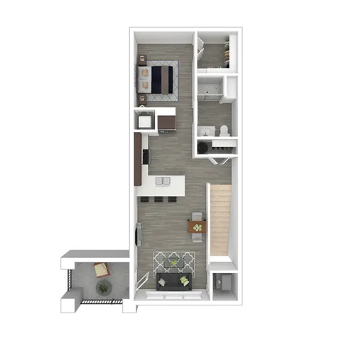 Elegant 3D floor plan showcasing a modern 1-bedroom apartment with an open kitchen, cozy living area, stylish bathroom, and private balcony, perfect for contemporary living.