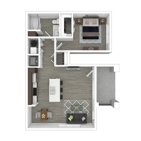 Contemporary 1-bedroom apartment floor plan featuring an open kitchen, cozy living area, and luxurious bathroom.