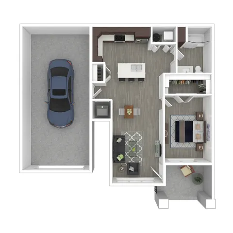 Modern floor plan showcasing a chic 1-bedroom apartment with open-concept living and kitchen area, spacious garage, and patio, perfect for urban living.