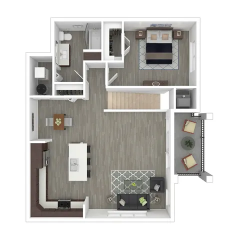 Modern apartment floor plan featuring a spacious open-concept kitchen and living room, one bedroom, and a balcony with seating.